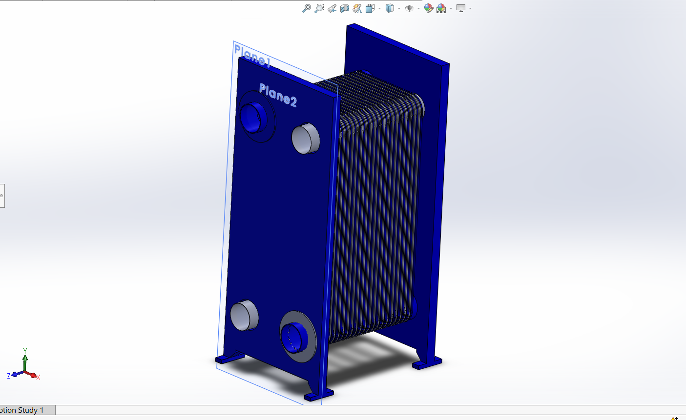 Heat exchanger assembly in SolidWorks, with plates, inlet and outlet connections